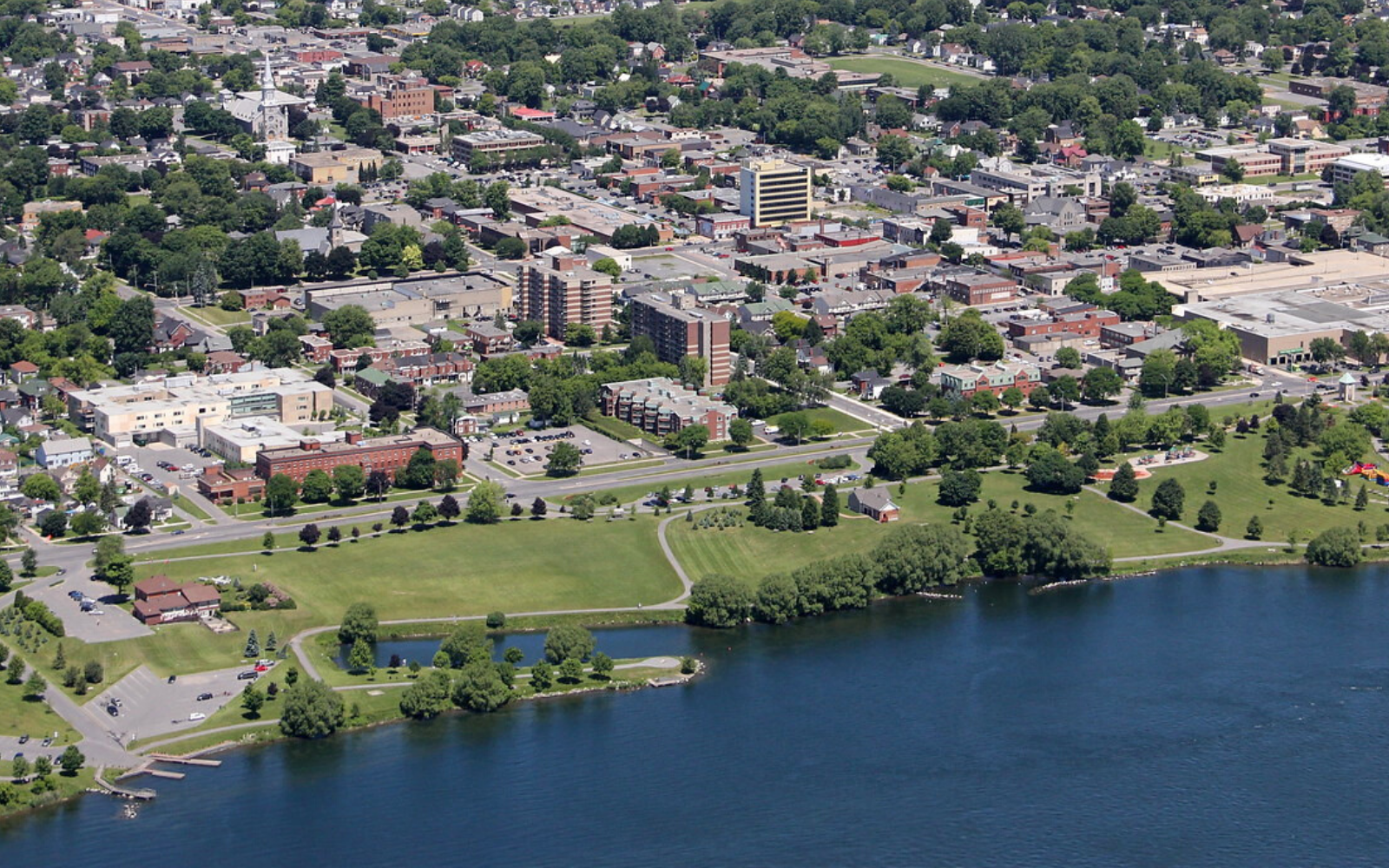 Aerial view of City from above Saint Lawrence River